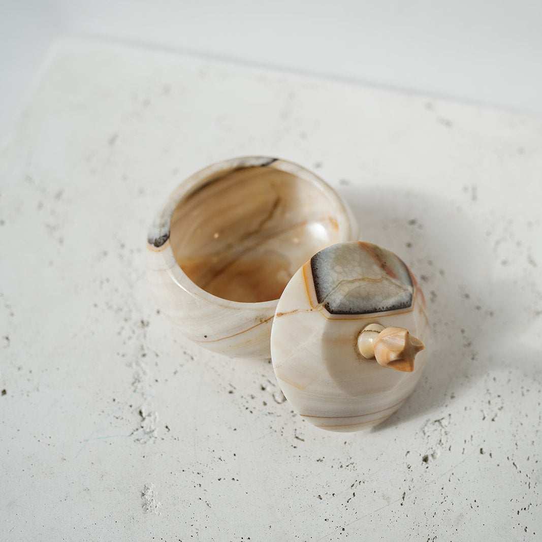 Vintage lidded container with onyx and white stone 
